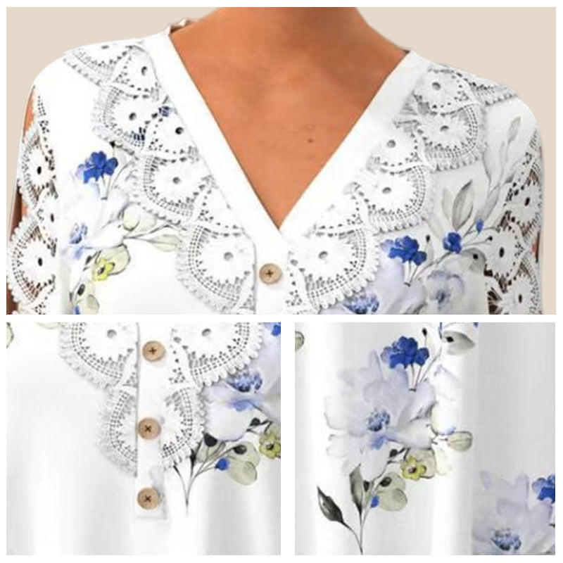 Elegant V-ringad blus med blommigt mönster och spetsdetaljer, trekvartsärmar, passform för casual och formella tillfällen.