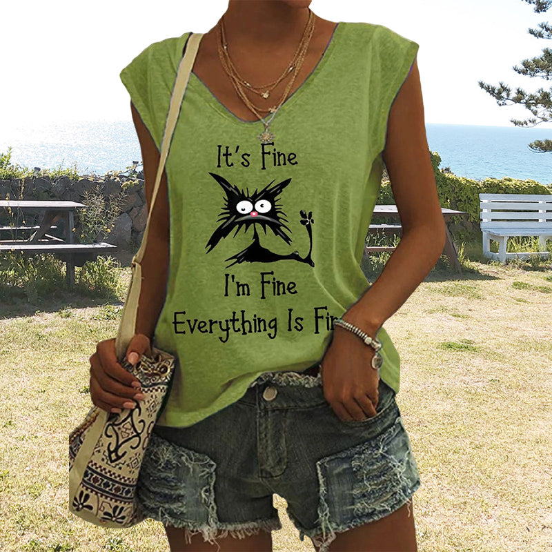 V-ringad dam T-shirt med kattmönster, kortärmad, löst sittande för en avslappnad och lekfull stil.