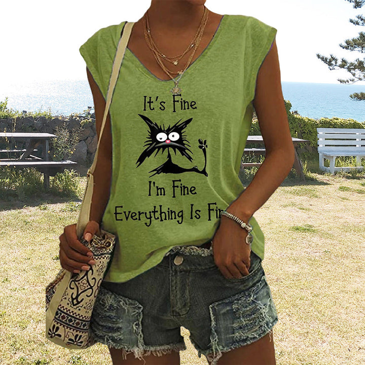 V-ringad dam T-shirt med kattmönster, kortärmad, löst sittande för en avslappnad och lekfull stil.