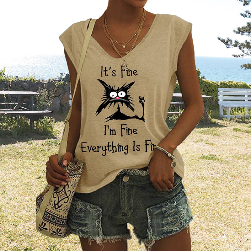 V-ringad dam T-shirt med kattmönster, kortärmad, löst sittande för en avslappnad och lekfull stil.