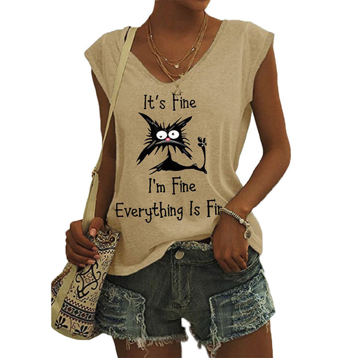 V-ringad dam T-shirt med kattmönster, kortärmad, löst sittande för en avslappnad och lekfull stil.