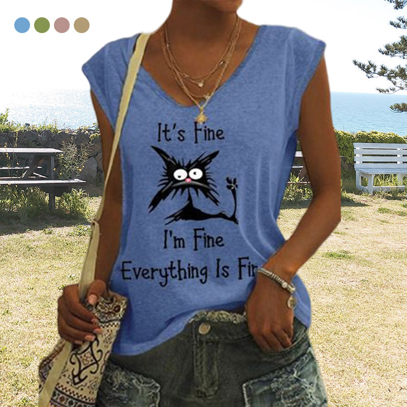 V-ringad dam T-shirt med kattmönster, kortärmad, löst sittande för en avslappnad och lekfull stil.