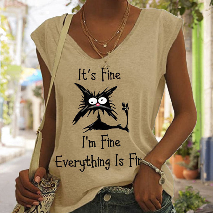 V-ringad dam T-shirt med kattmönster, kortärmad, löst sittande för en avslappnad och lekfull stil.