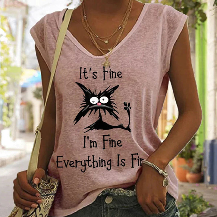V-ringad dam T-shirt med kattmönster, kortärmad, löst sittande för en avslappnad och lekfull stil.