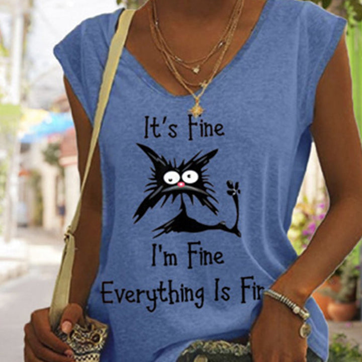 V-ringad dam T-shirt med kattmönster, kortärmad, löst sittande för en avslappnad och lekfull stil.