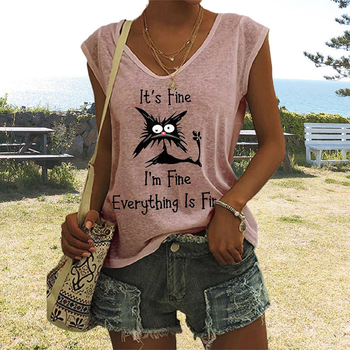 V-ringad dam T-shirt med kattmönster, kortärmad, löst sittande för en avslappnad och lekfull stil.