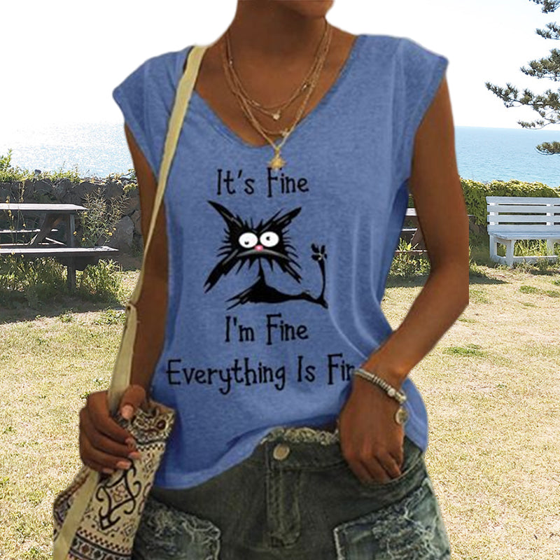V-ringad dam T-shirt med kattmönster, kortärmad, löst sittande för en avslappnad och lekfull stil.