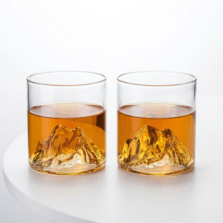 Närbild på ett klart whiskyglas med detaljerad 3D bergdesign, ett högkvalitativt glas för finsmakaren.