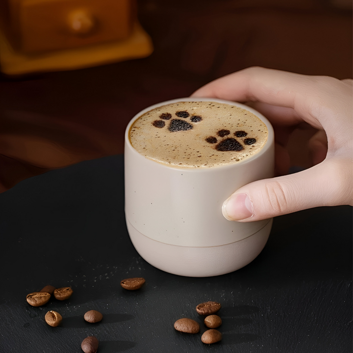 Ånga stiger från elegant keramik kaffekopp. Set med 4 muggar för kaffe & te. En njutbar upplevelse.