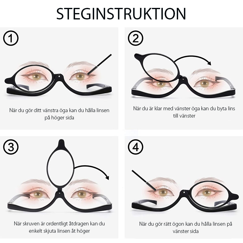 "Eleganta sminkglasögon i röd, svart och blå färg, med svängbar ram, perfekta för exakt makeup."