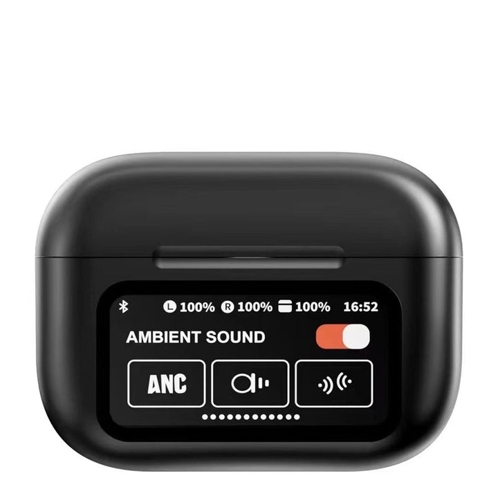 "Eleganta trådlösa bluetooth-öronsnäckor med brusreducering och LED-display för premium ljudupplevelse och stil."