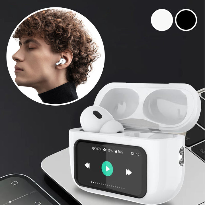 "Eleganta trådlösa bluetooth-öronsnäckor med brusreducering och LED-display för premium ljudupplevelse och stil."