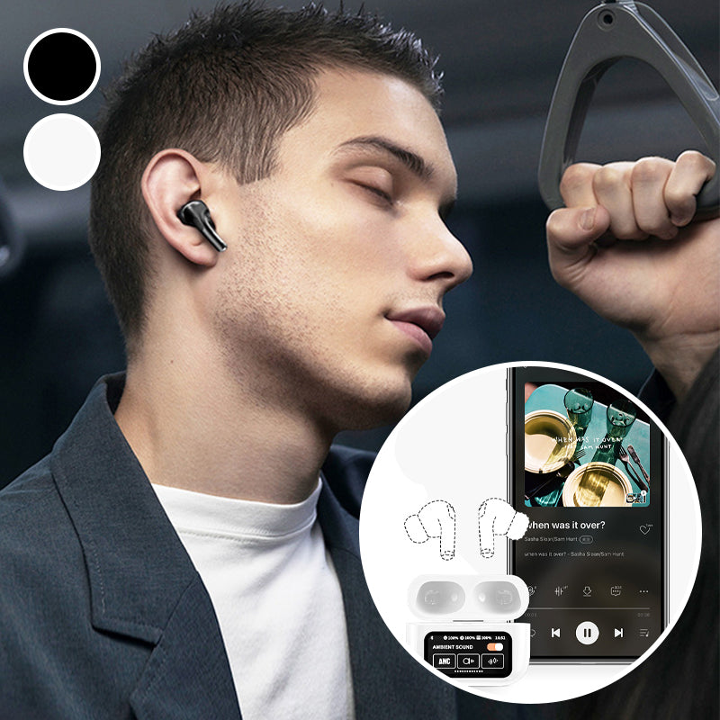 "Eleganta trådlösa bluetooth-öronsnäckor med brusreducering och LED-display för premium ljudupplevelse och stil."