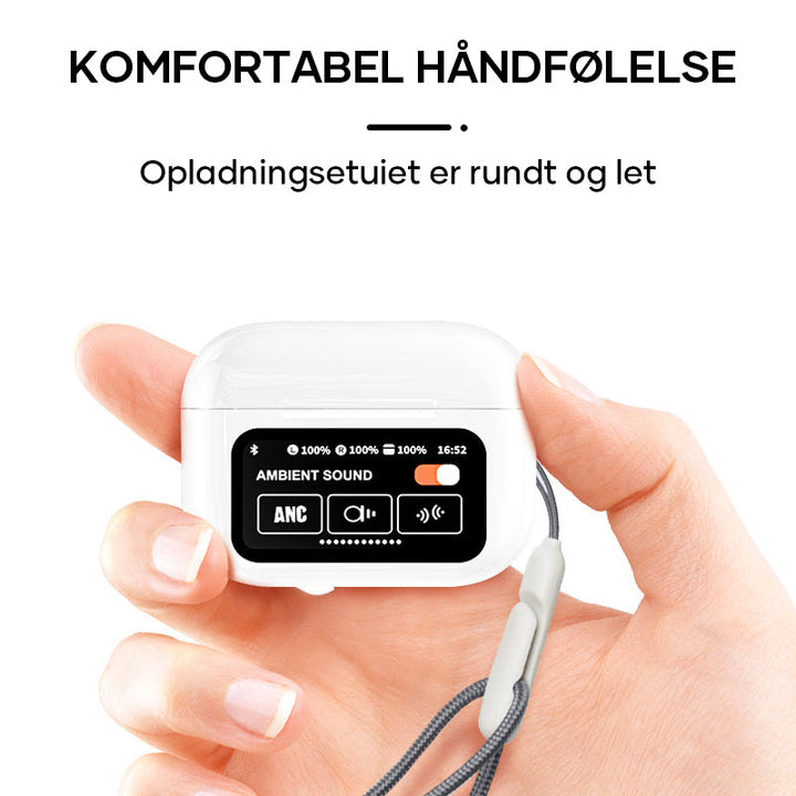 "Eleganta trådlösa bluetooth-öronsnäckor med brusreducering och LED-display för premium ljudupplevelse och stil."