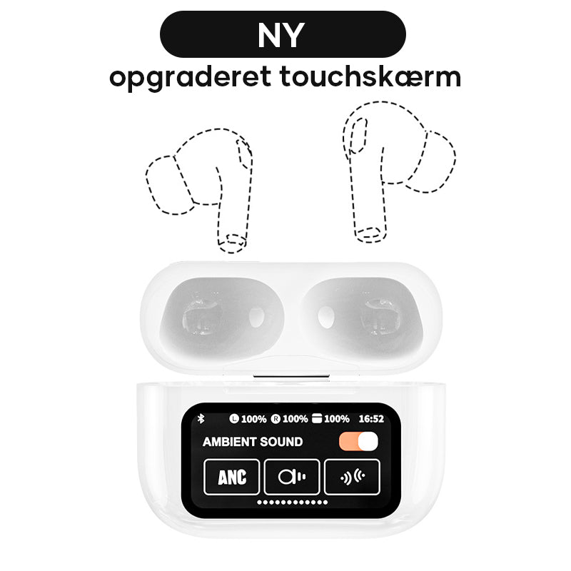 "Eleganta trådlösa bluetooth-öronsnäckor med brusreducering och LED-display för premium ljudupplevelse och stil."