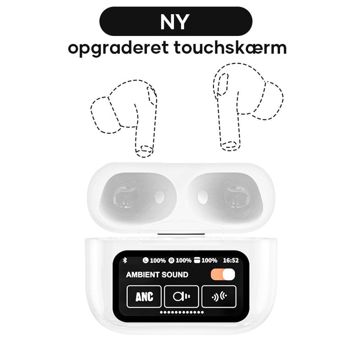 "Eleganta trådlösa bluetooth-öronsnäckor med brusreducering och LED-display för premium ljudupplevelse och stil."