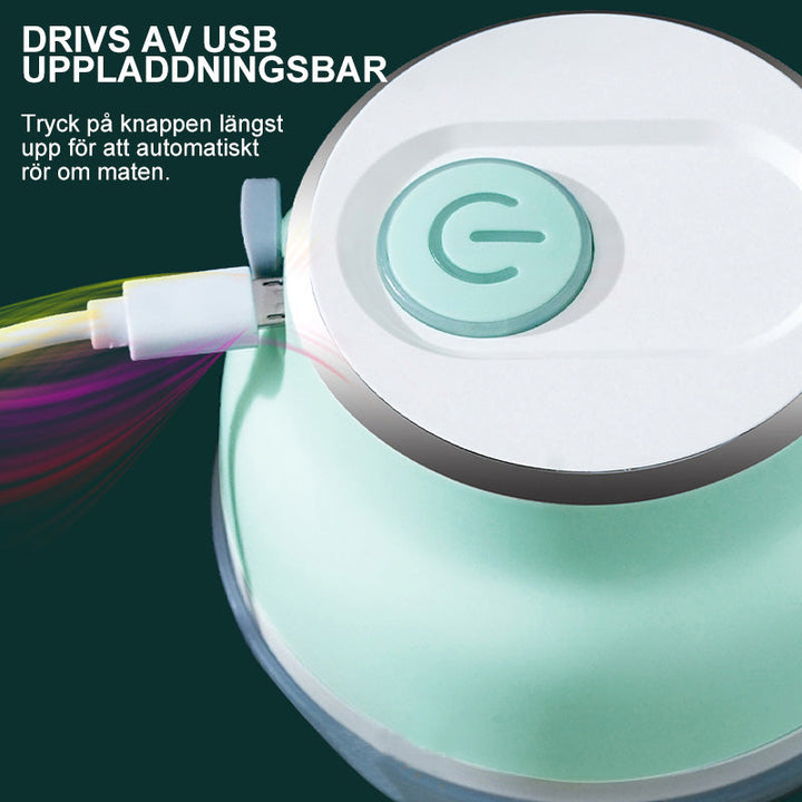 "Elektrisk bärbar minihakare för köket i kompakt design, med vassa stålblad och USB-laddning för enkel hackning"