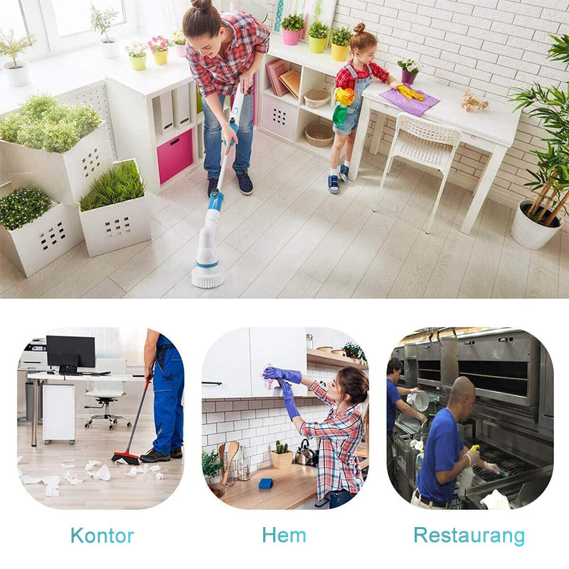 Elektrisk blå rengöringsborste med multiborsthuvud, teleskophandtag och extra borsthuvuden för effektiv städning.