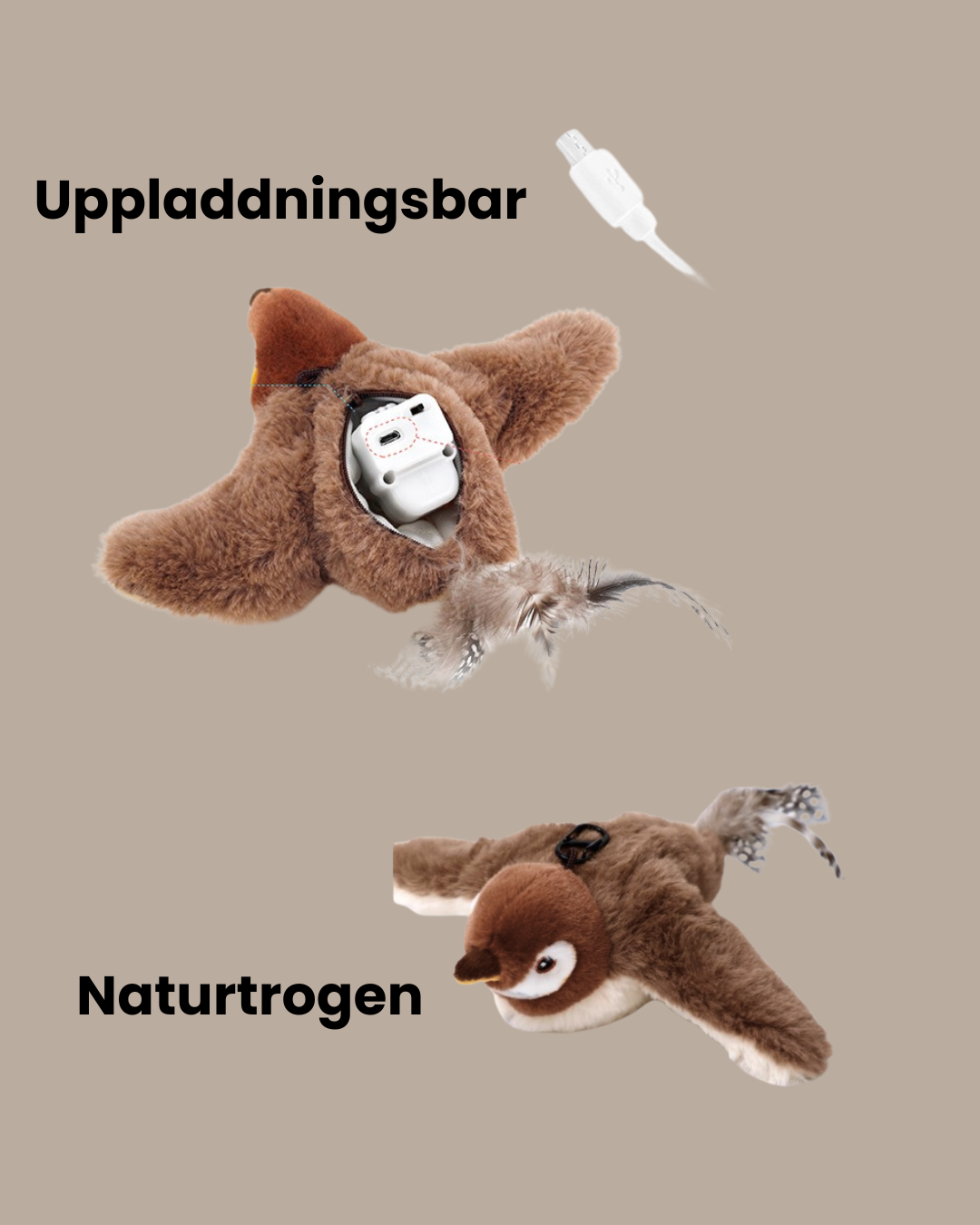 Elektrisk interaktiv kattleksak med fågeldesign, rörelse och ljud; stimulerar jakt och lek hos katter.