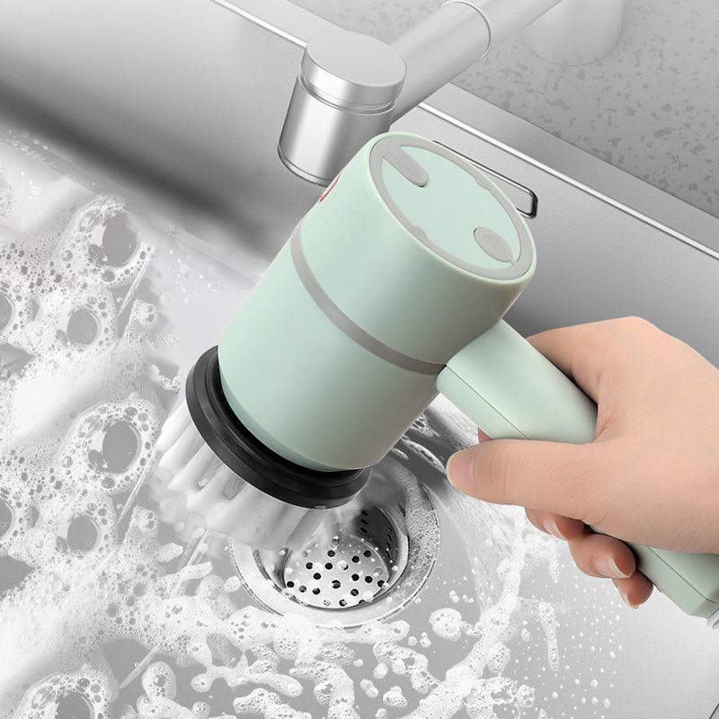 Elektrisk handhållen rengöringsborste, vit/grön/rosa, ergonomiskt grepp, roterande borsthuvud för effektiv rengöring.