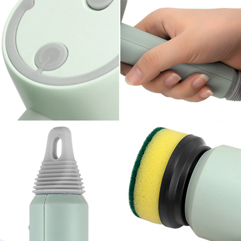Elektrisk handhållen rengöringsborste, vit/grön/rosa, ergonomiskt grepp, roterande borsthuvud för effektiv rengöring.