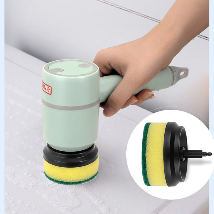 Elektrisk handhållen rengöringsborste, vit/grön/rosa, ergonomiskt grepp, roterande borsthuvud för effektiv rengöring.