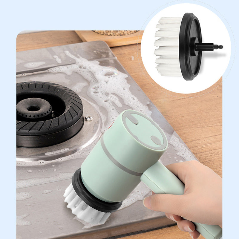 Elektrisk handhållen rengöringsborste, vit/grön/rosa, ergonomiskt grepp, roterande borsthuvud för effektiv rengöring.