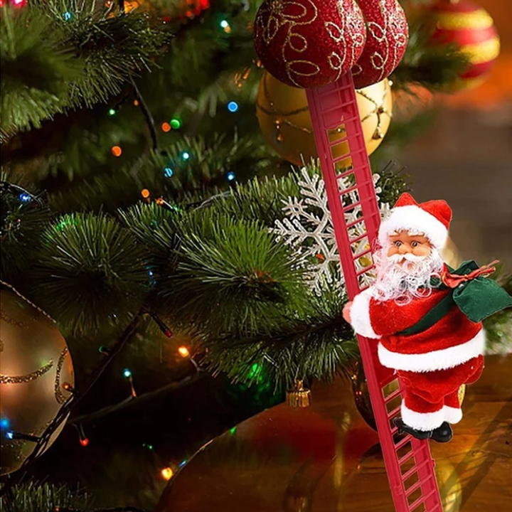 "Elektrisk klätterstege med jultomte, röd kostym, klättrar, spelande julmusik, idealisk juldekoration för hemmet."