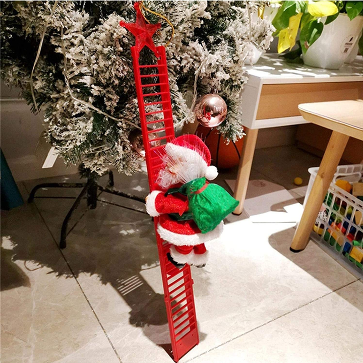 "Elektrisk klätterstege med jultomte, röd kostym, klättrar, spelande julmusik, idealisk juldekoration för hemmet."