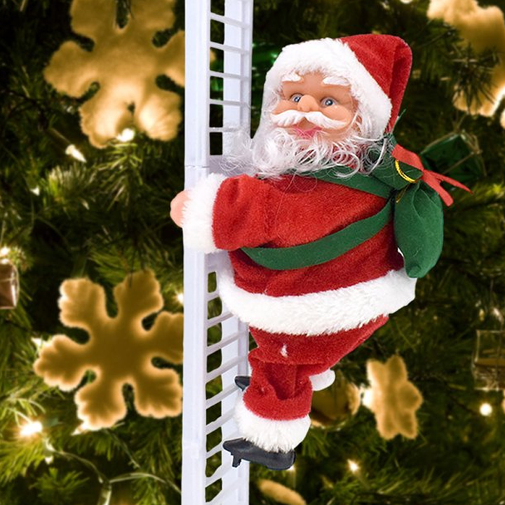 "Elektrisk klätterstege med jultomte, röd kostym, klättrar, spelande julmusik, idealisk juldekoration för hemmet."