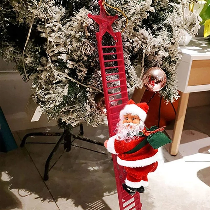 "Elektrisk klätterstege med jultomte, röd kostym, klättrar, spelande julmusik, idealisk juldekoration för hemmet."