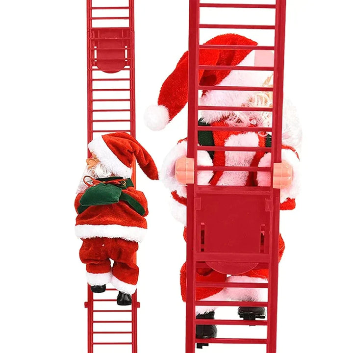 "Elektrisk klätterstege med jultomte, röd kostym, klättrar, spelande julmusik, idealisk juldekoration för hemmet."