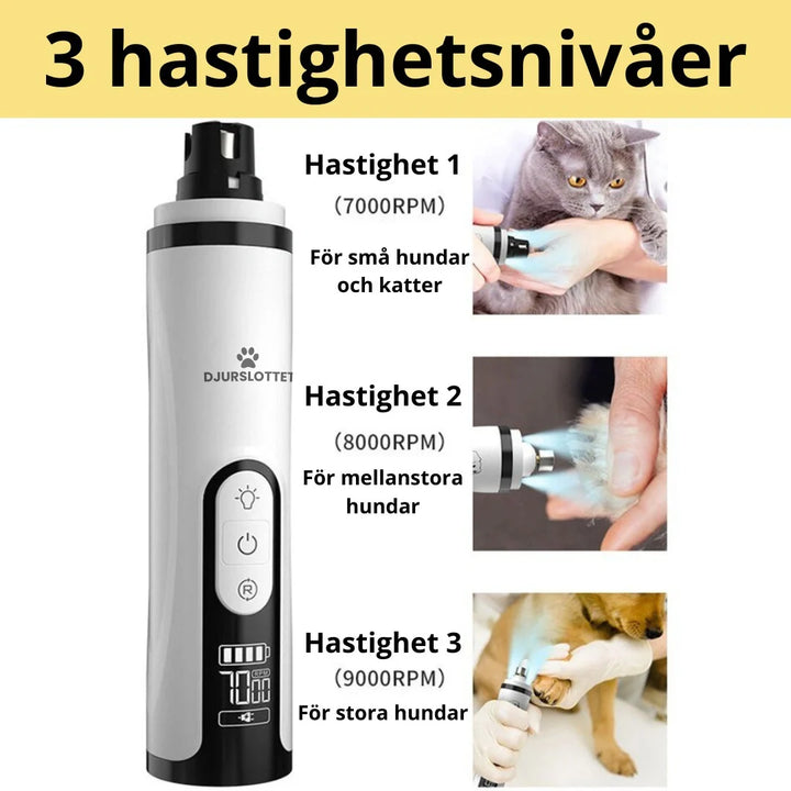 Tyst och uppladdningsbar kloslip för problemfri djurvård. Säker för hundar, katter och husdjur.