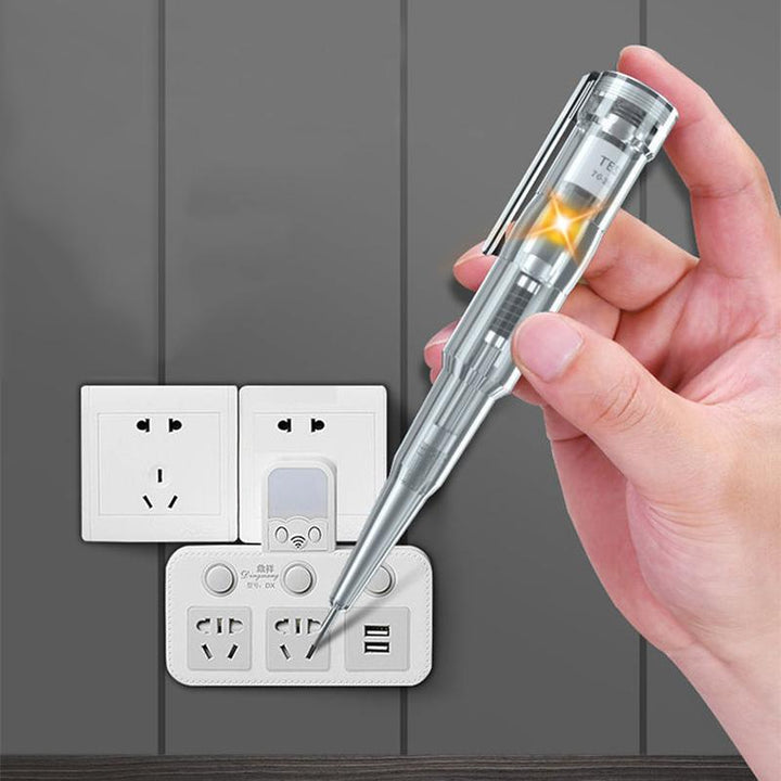 "Elektrisk testpenna med LED-ljus och transparent design, visar PVC-handtag och självkontrollfunktion för säker användning."