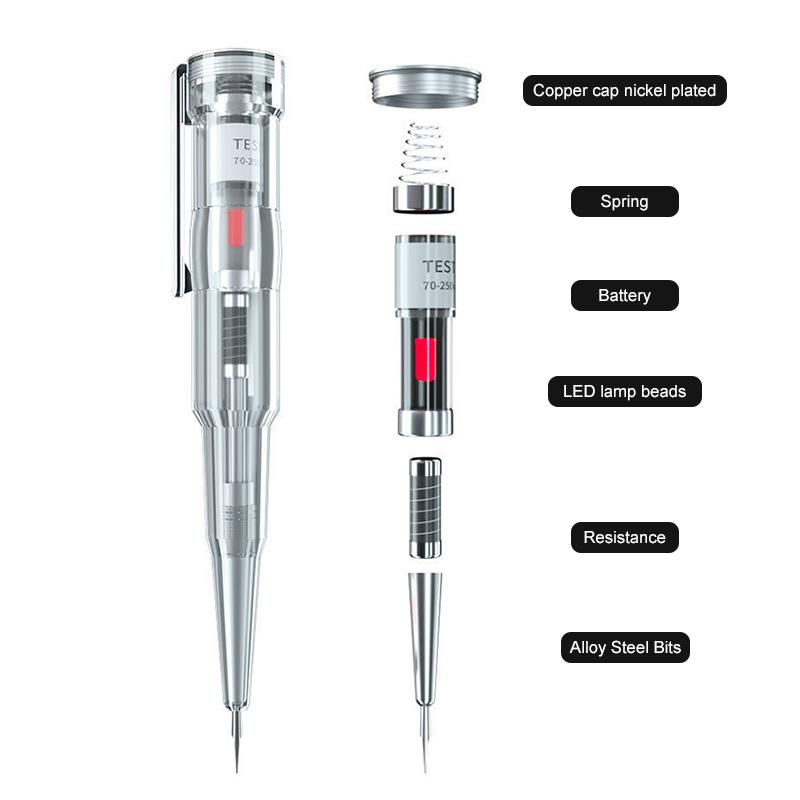 "Elektrisk testpenna med LED-ljus och transparent design, visar PVC-handtag och självkontrollfunktion för säker användning."