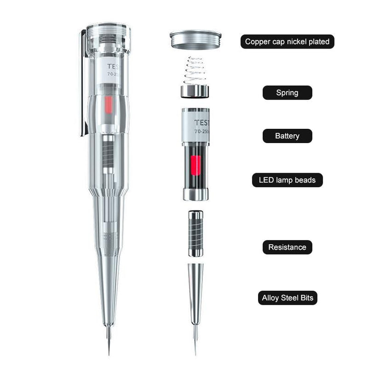"Elektrisk testpenna med LED-ljus och transparent design, visar PVC-handtag och självkontrollfunktion för säker användning."