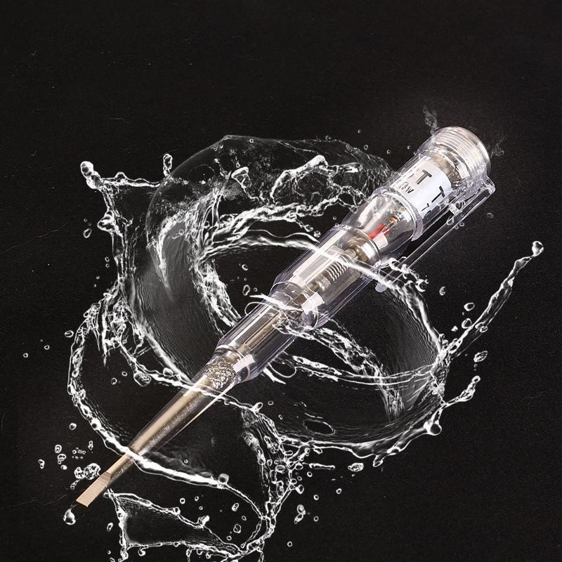 "Elektrisk testpenna med LED-ljus och transparent design, visar PVC-handtag och självkontrollfunktion för säker användning."
