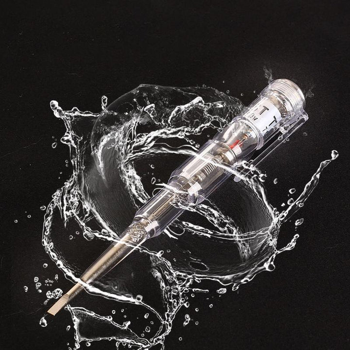 "Elektrisk testpenna med LED-ljus och transparent design, visar PVC-handtag och självkontrollfunktion för säker användning."