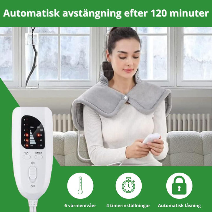 Värmedyna för nack- och axelsmärta. Med 6 värmelägen och timer för effektiv smärtlindring och muskelavslappning.