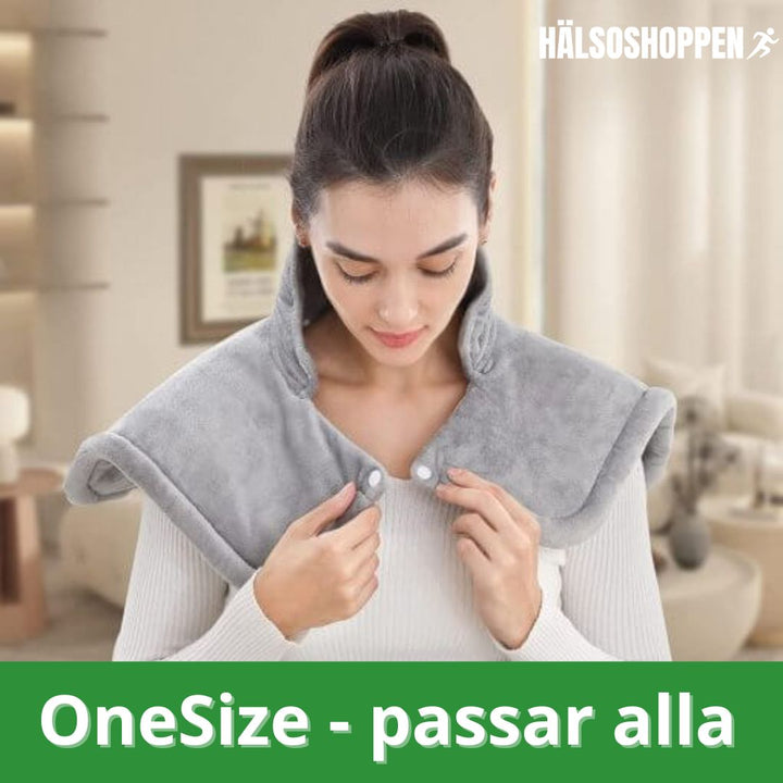 Person använder värmedyna för nacke/axlar, lindrar muskelvärk. Mjuk flanell, justerbar värme & timer.