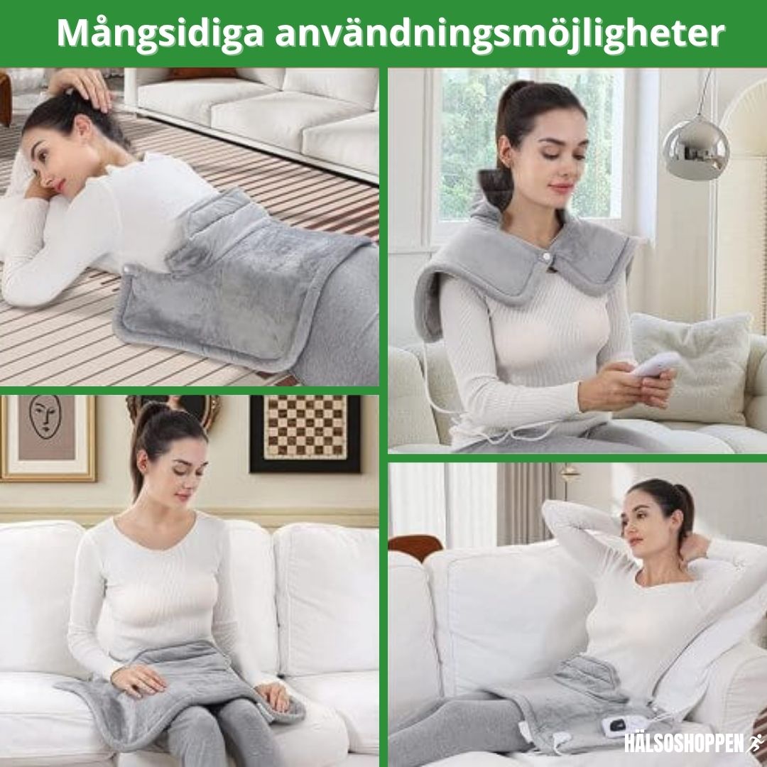 Smart elektrisk nackvärmare med timer & 6 värmelägen. Perfekt för avslappning och smärtlindring av axelsmärta.