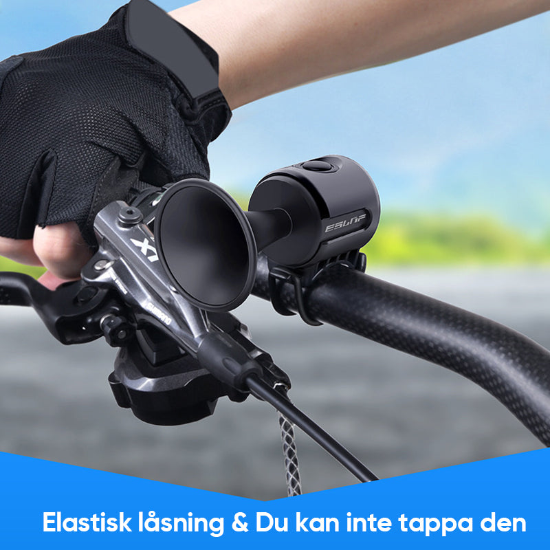 "Elektriskt cykelhorn 120dB med robust design och stöldlarm, idealiskt för säker cykling i stad och terräng."