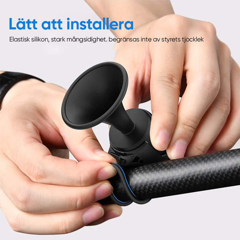 "Elektriskt cykelhorn 120dB med robust design och stöldlarm, idealiskt för säker cykling i stad och terräng."