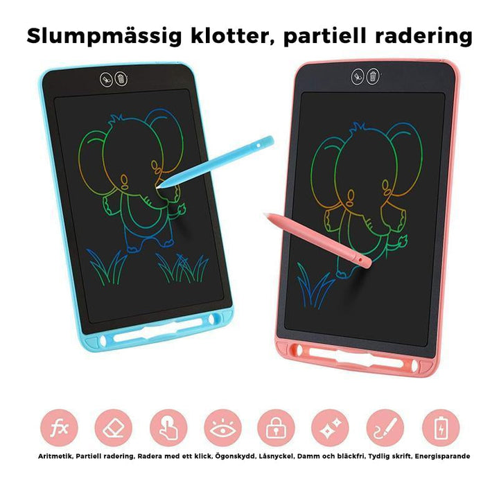 "Elektronisk blå LCD-skrivtavla med stilren ram och penna, för barn och vuxna att rita och skriva kreativa idéer."