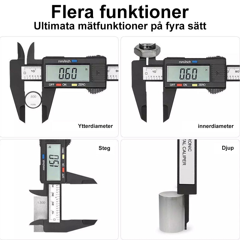 "Elektronisk Digital Vernier Caliper i plast för precisionsmätning, mätområde 0-150 mm, visar både tum och millimeter."