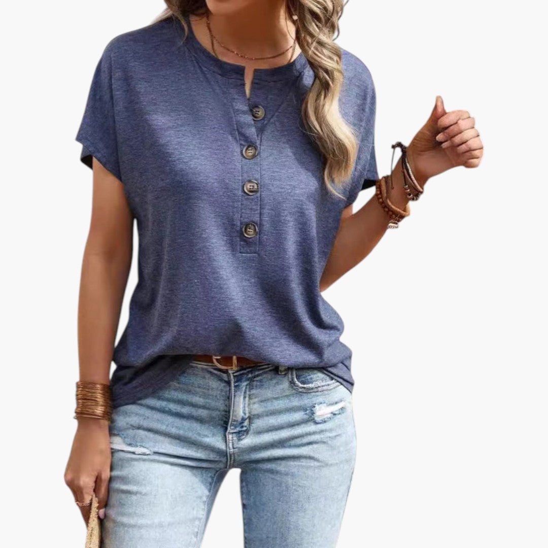Bekväm enfärgad dam t-shirt med knappslå för en mångsidig vår- och sommarstil. Kortärmad och stilren.
