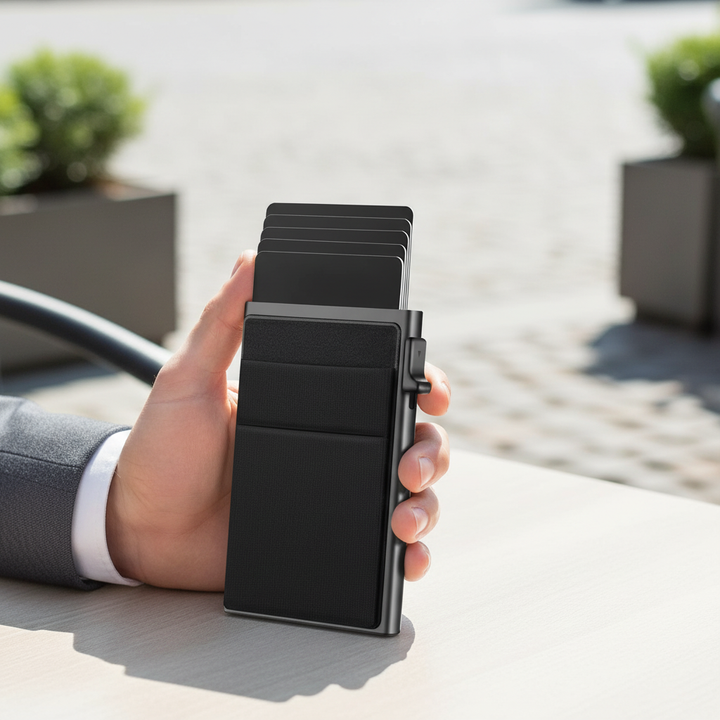En slimmad herrplånbok i metall med RFID-skydd för säkra kreditkort.