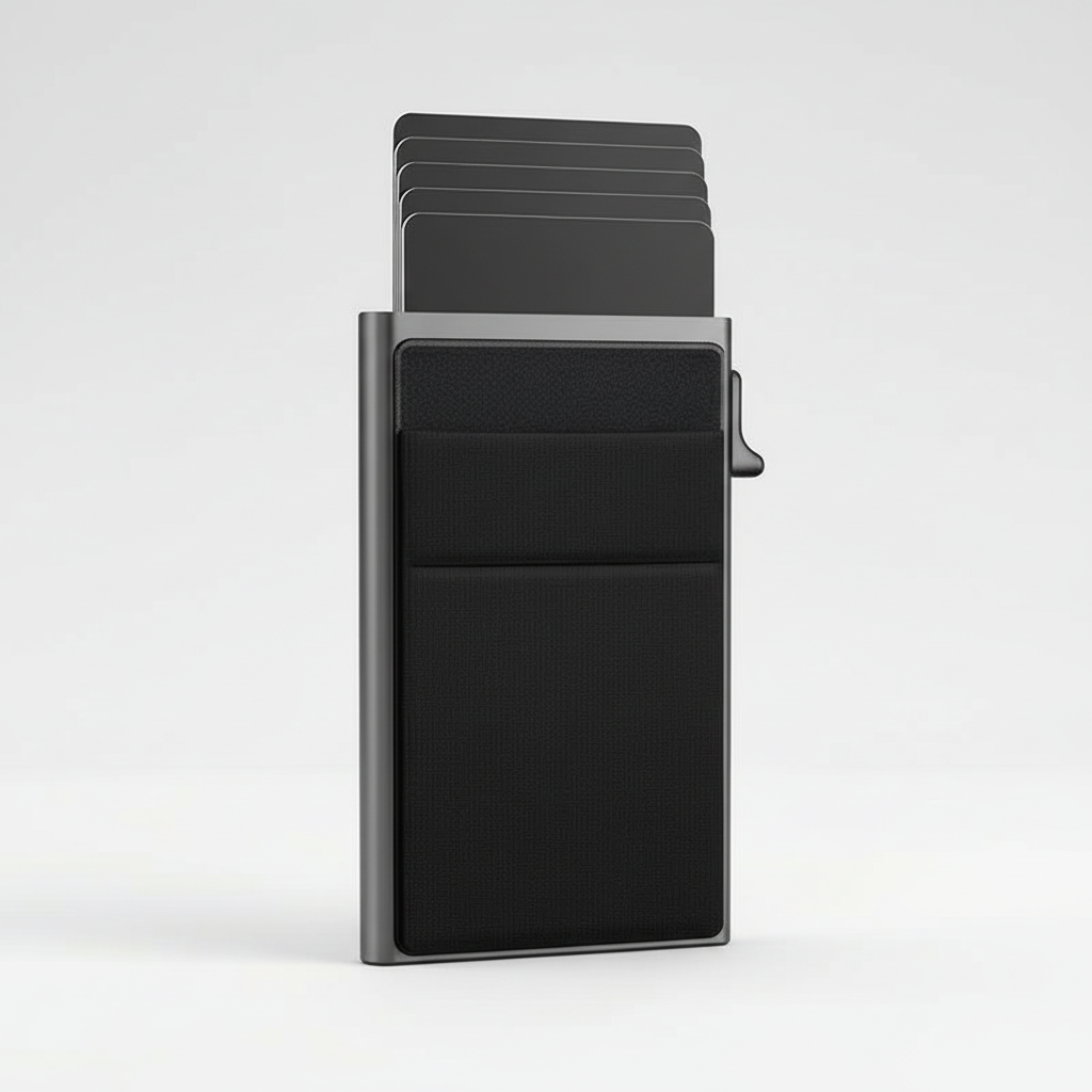 Svart slimmad korthållare för män, minimalistisk design med plats för flera kort.
