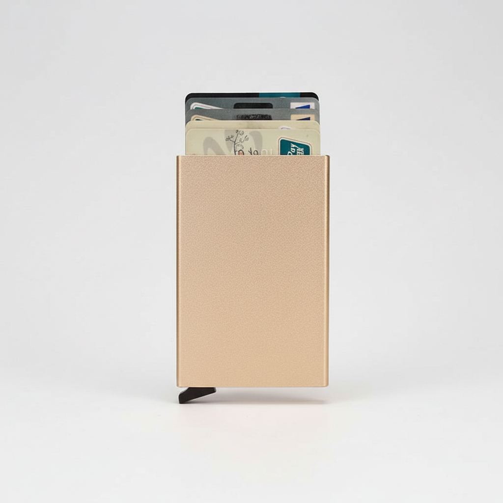 Modern, slimmad metallplånbok för herrar, kompakt och hållbar.