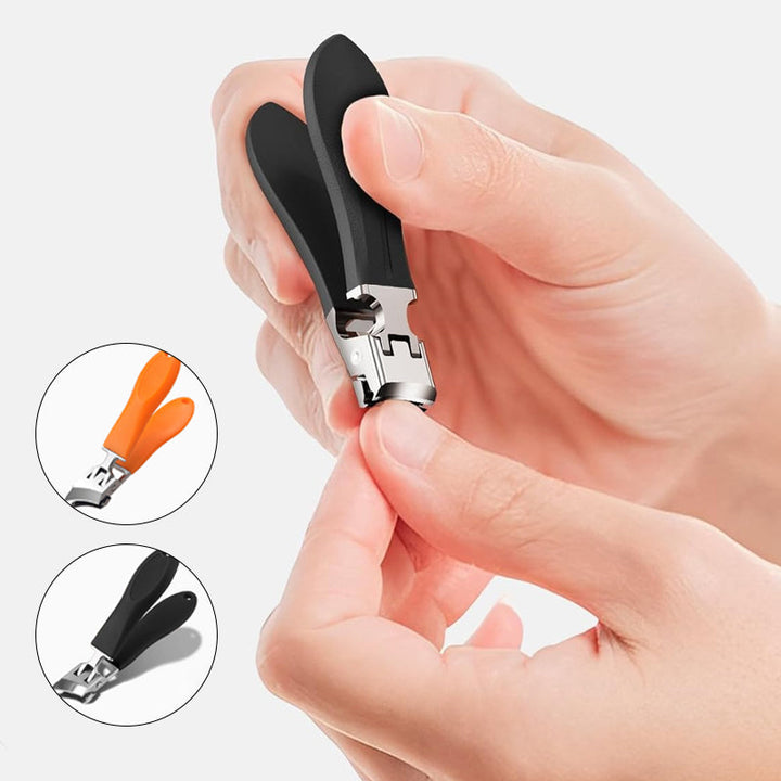 Ergonomisk antistänk nagelklippare i rostfritt stål med bred käköppning och snedställd skäregg, bekvämt handtag.
